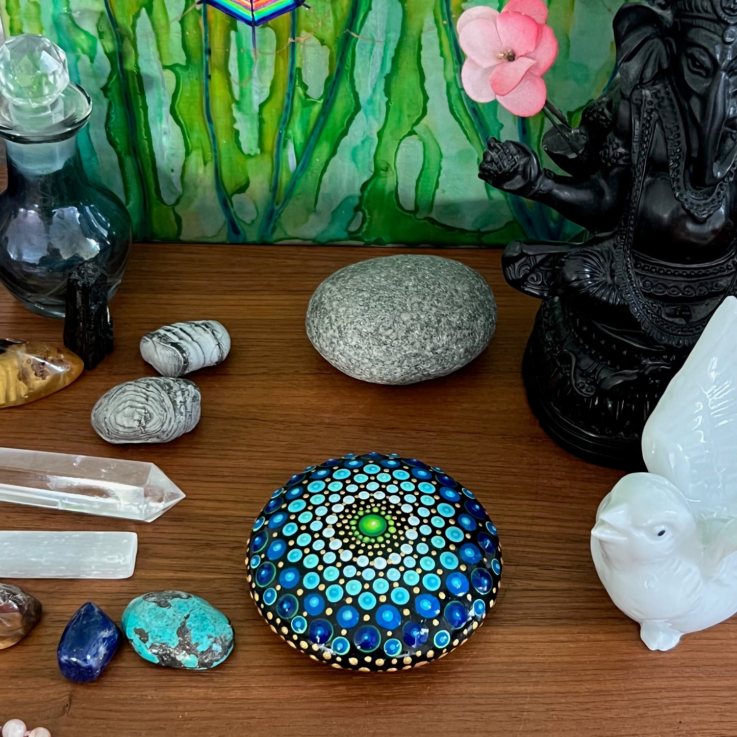 Blue Geometric Mandala Painted Stone