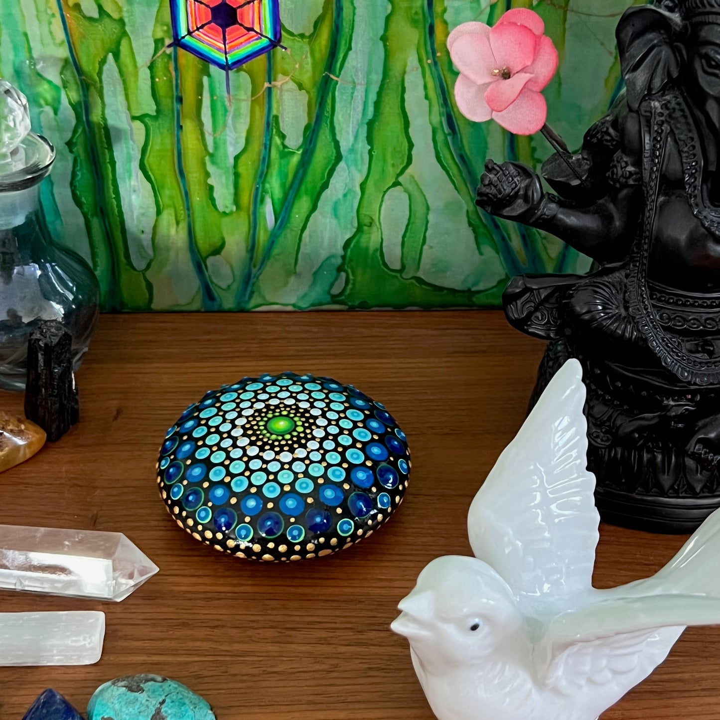 Blue Geometric Mandala Painted Stone