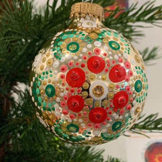 Holiday Ornaments - Shiny Gold Red Flower Mandala - kalindipaints