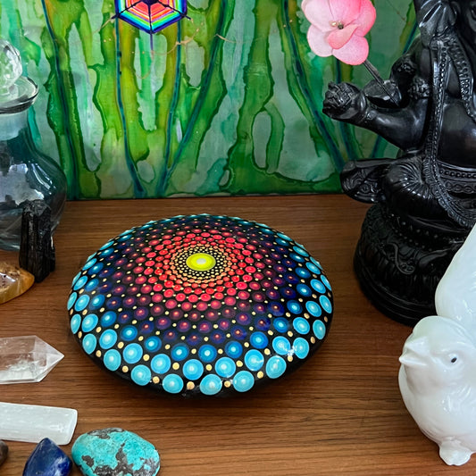 Blue Rainbow Mandala Pebble - kalindipaints