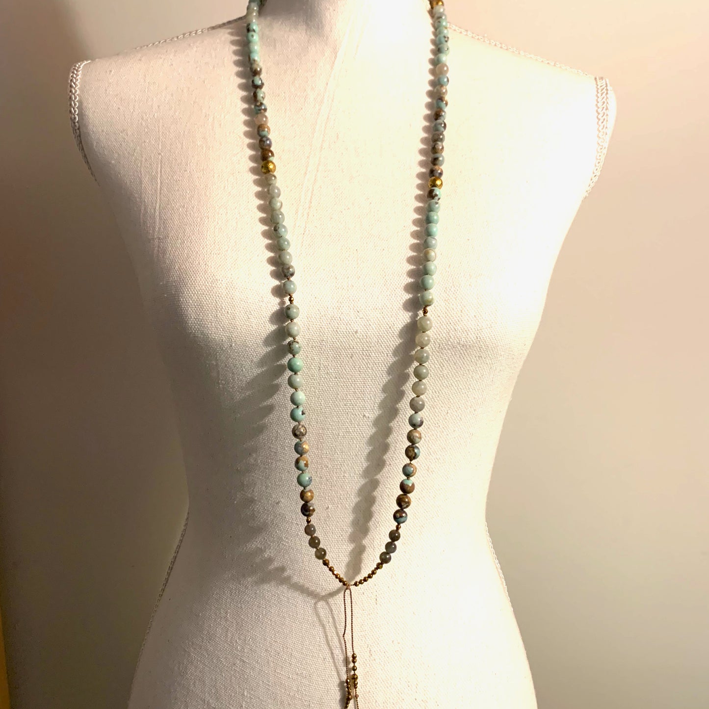 108 Bead Mala with Blue Agate, Lava & 24k Gold Electroplated Hematite & Lava Rock