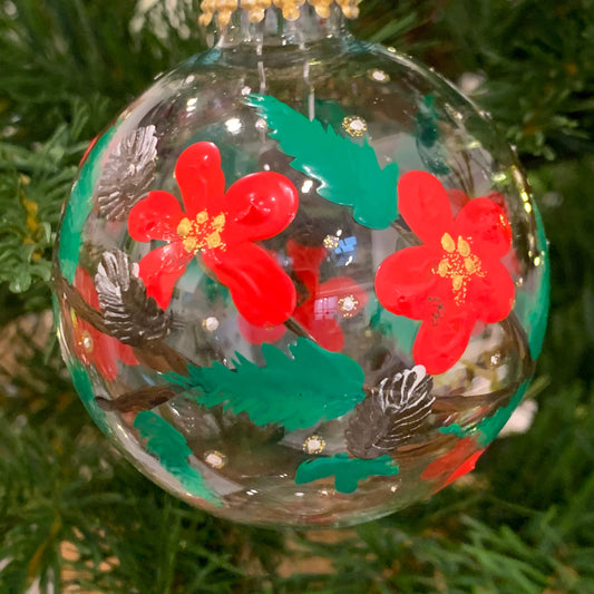 Red Christmas Flowers Ornament - clear glass - kalindipaints