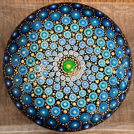 Blue Geometric Mandala Pebble 5" - kalindipaints