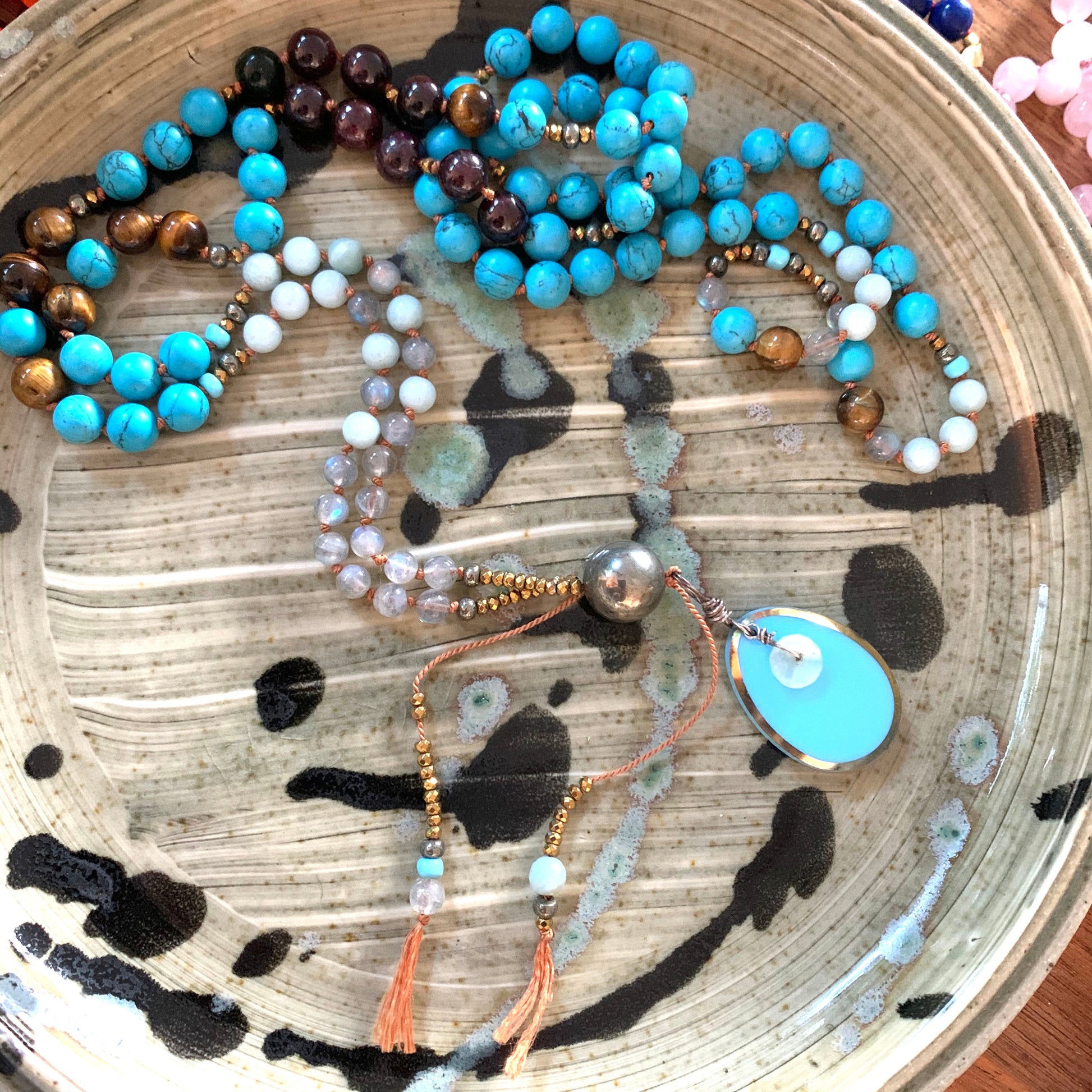 Wisdom is Strength Mala Necklace Turquoise Moon - kalindipaints